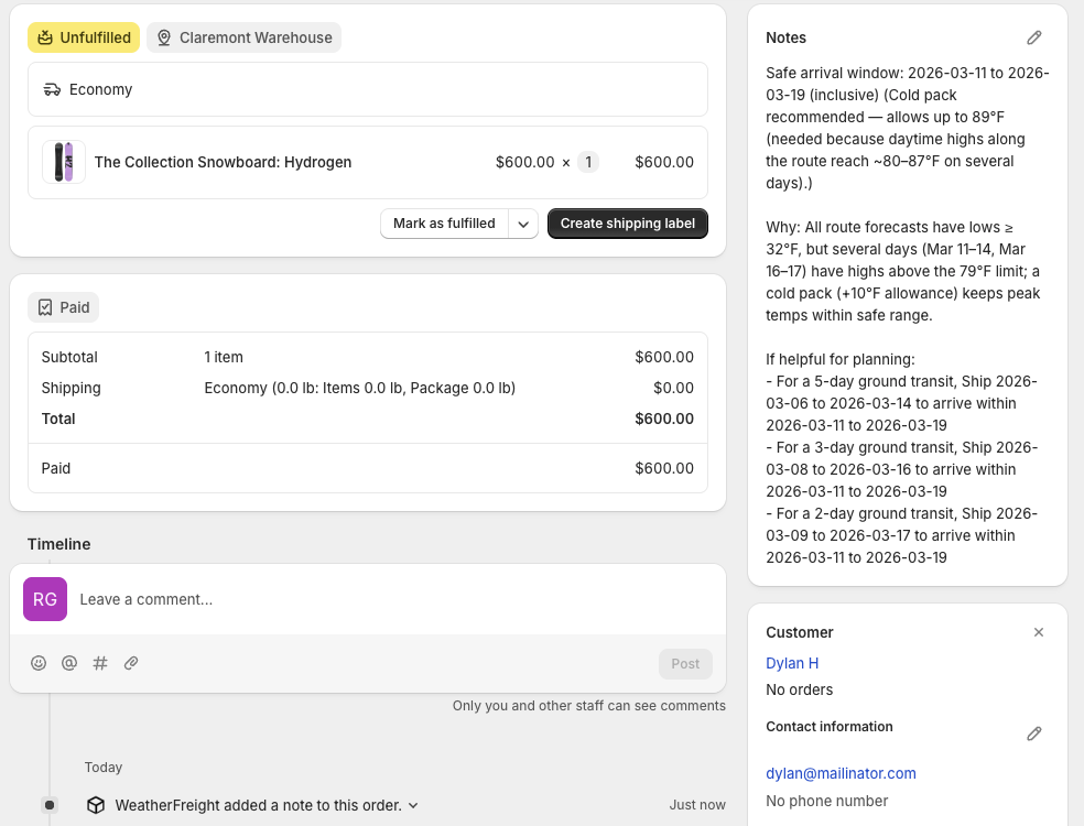 Example Shopify order showing a WeatherFreight note with a safe arrival window recommendation based on weather forecasts along the shipping route