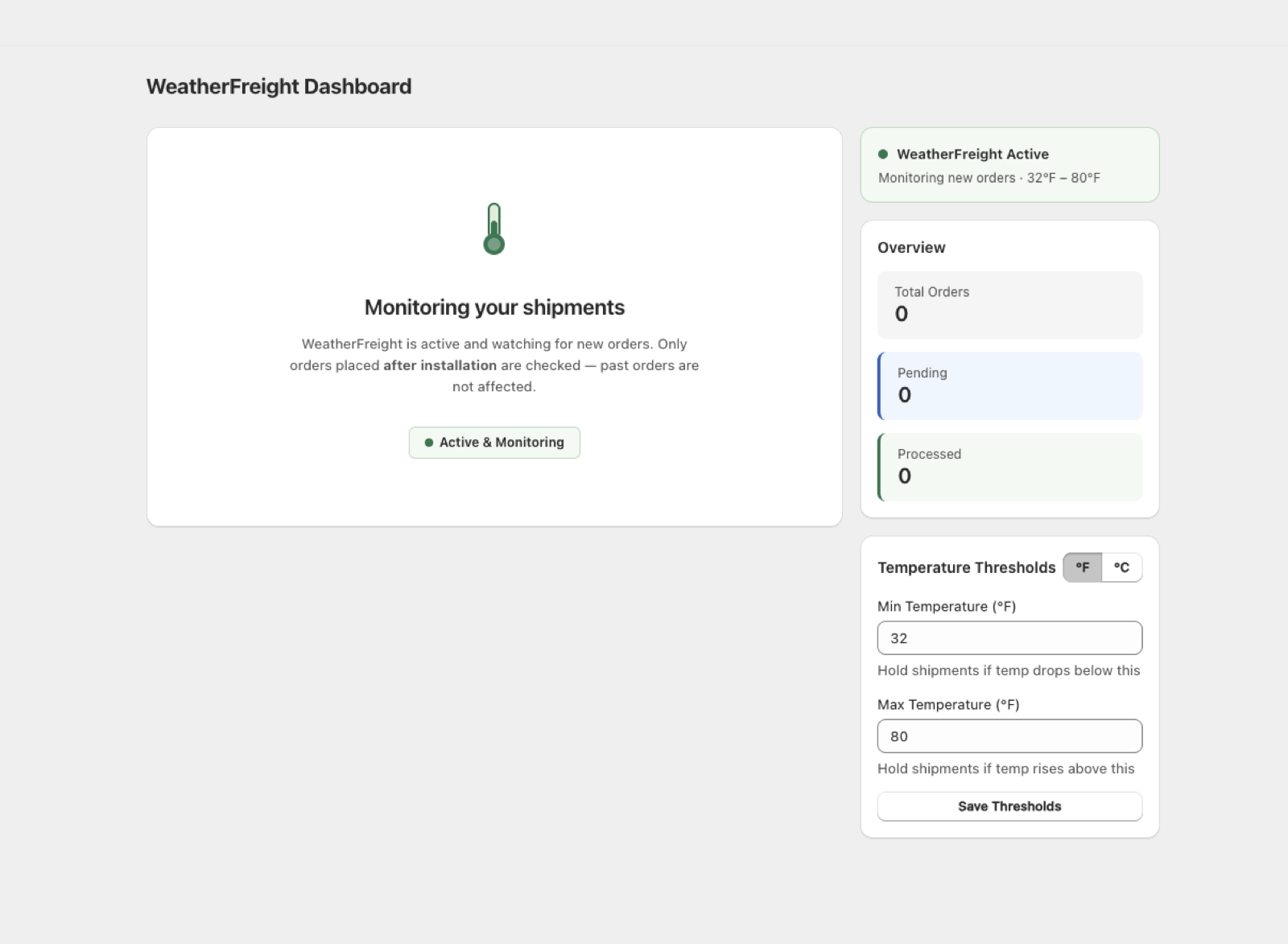 WeatherFreight dashboard showing initial state with fulfillment orders