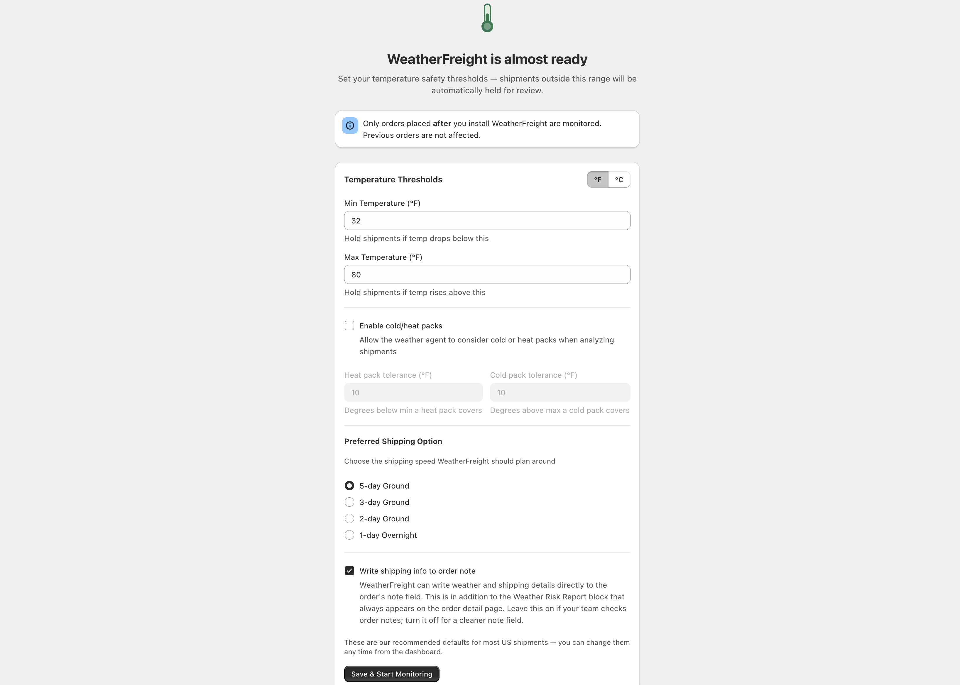 WeatherFreight onboarding screen showing initial setup flow