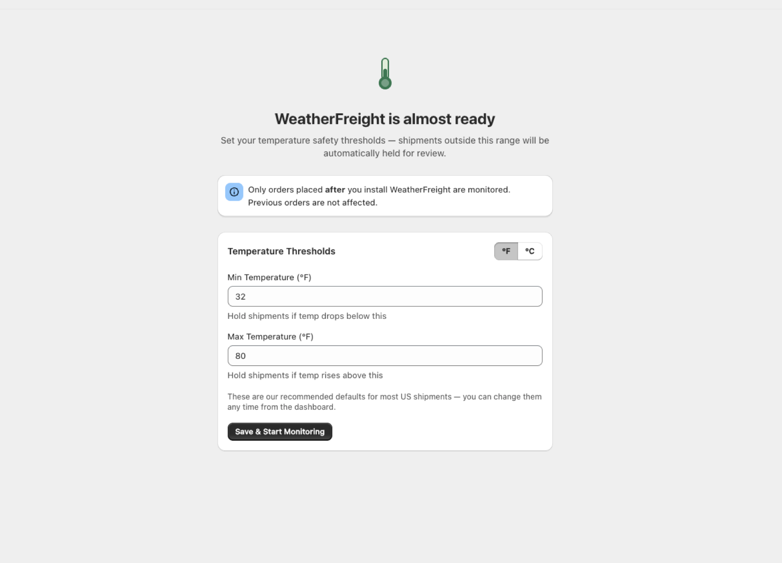 WeatherFreight onboarding screen showing initial setup flow